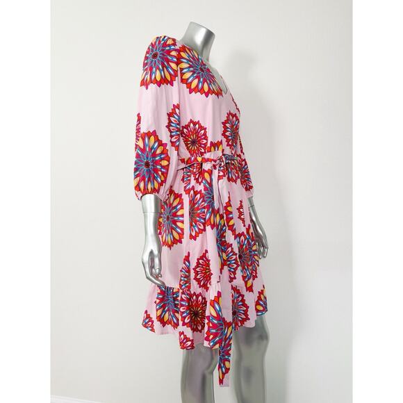 GibsonLook Mandala Mini Dress Pink Multi V Neck Boho Ruffle Hem xs - Picture 2 of 9